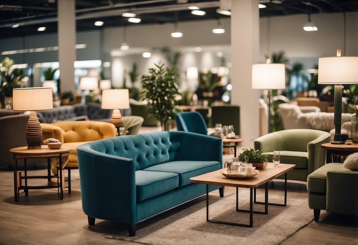 Various furniture items displayed with sale signs in a bright, spacious showroom. Tables, chairs, sofas, and lamps are arranged attractively