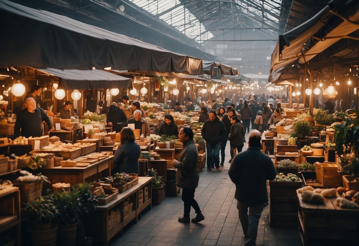 A bustling marketplace with various furniture vendors and customers browsing and asking questions