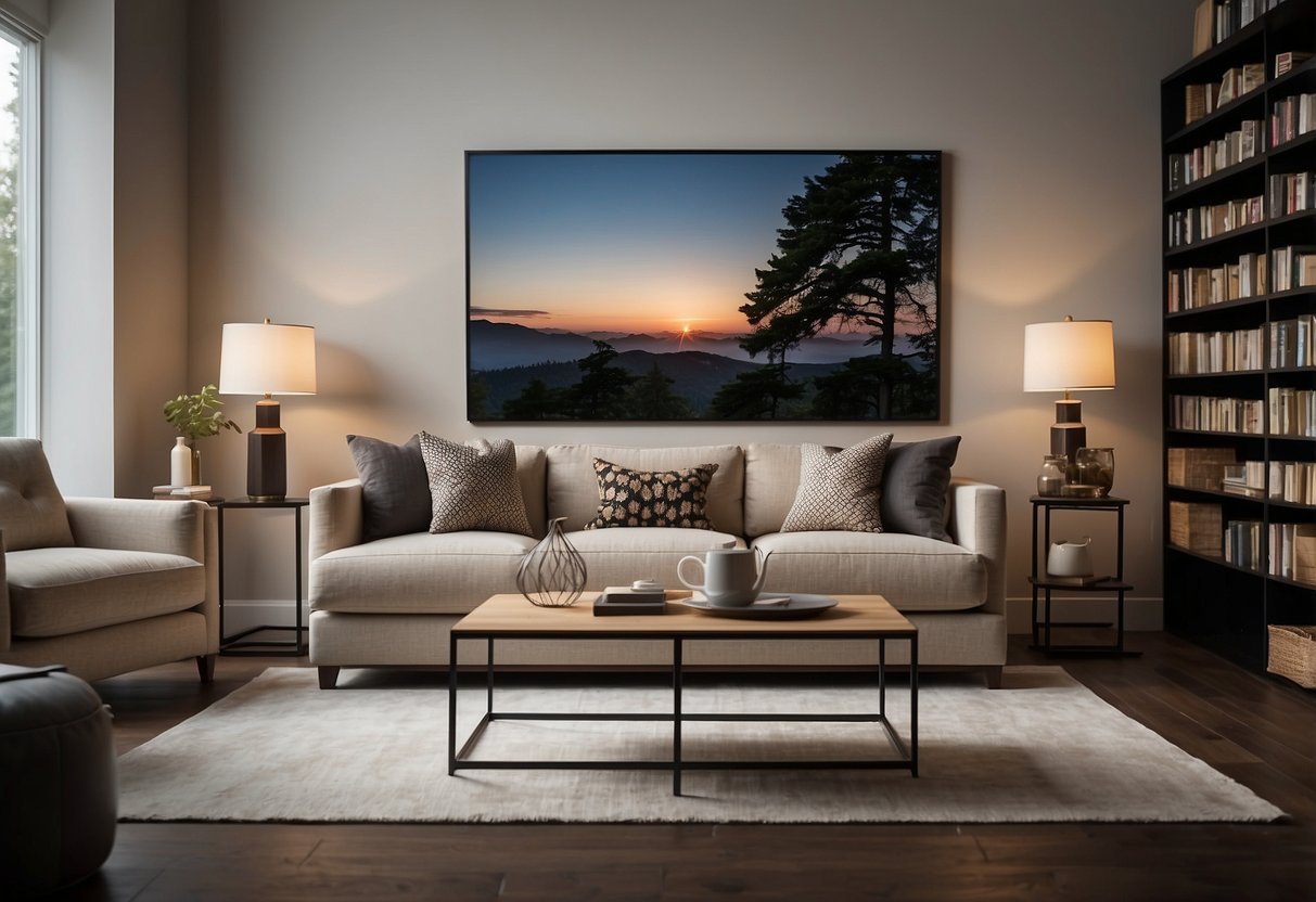 A living room with a cozy sofa, a stylish coffee table, and elegant bookshelves, all on sale with "Furniture Deals" signage