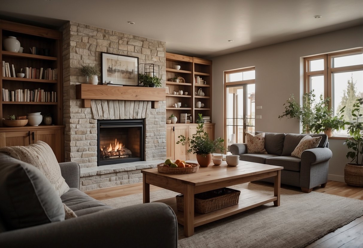 A cozy living room with a fireplace, bookshelves, and a large sofa. A wooden dining table with chairs and a kitchen area with cabinets and appliances