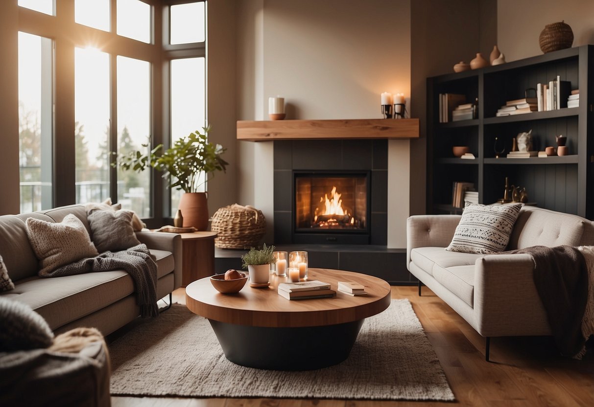A cozy living room with a plush sofa, coffee table, and bookshelves. A warm fireplace flickers in the corner, casting a soft glow on the room