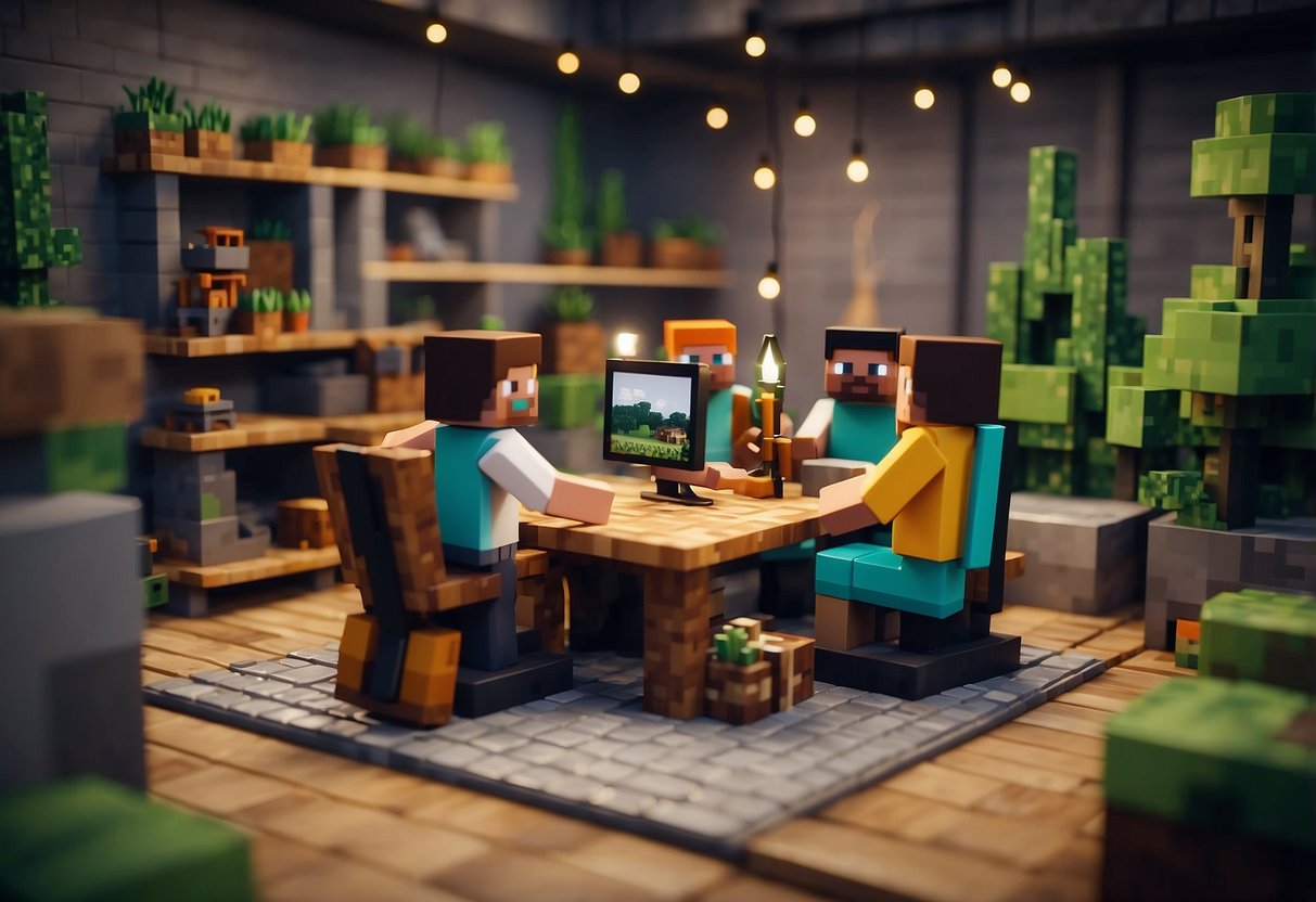 The workshop is buzzing with activity as tools are used to install and mod new furniture in Minecraft. Players collaborate to bring the update to life