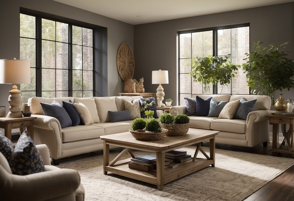 A living room with a variety of furniture on sale, including sofas, tables, and chairs. Bright and inviting atmosphere with signs promoting savings