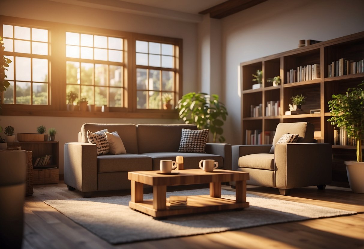 A cozy living room with new Minecraft furniture: a plush sofa, wooden coffee table, and decorative bookshelf. Sunlight streams through the window, casting a warm glow on the room