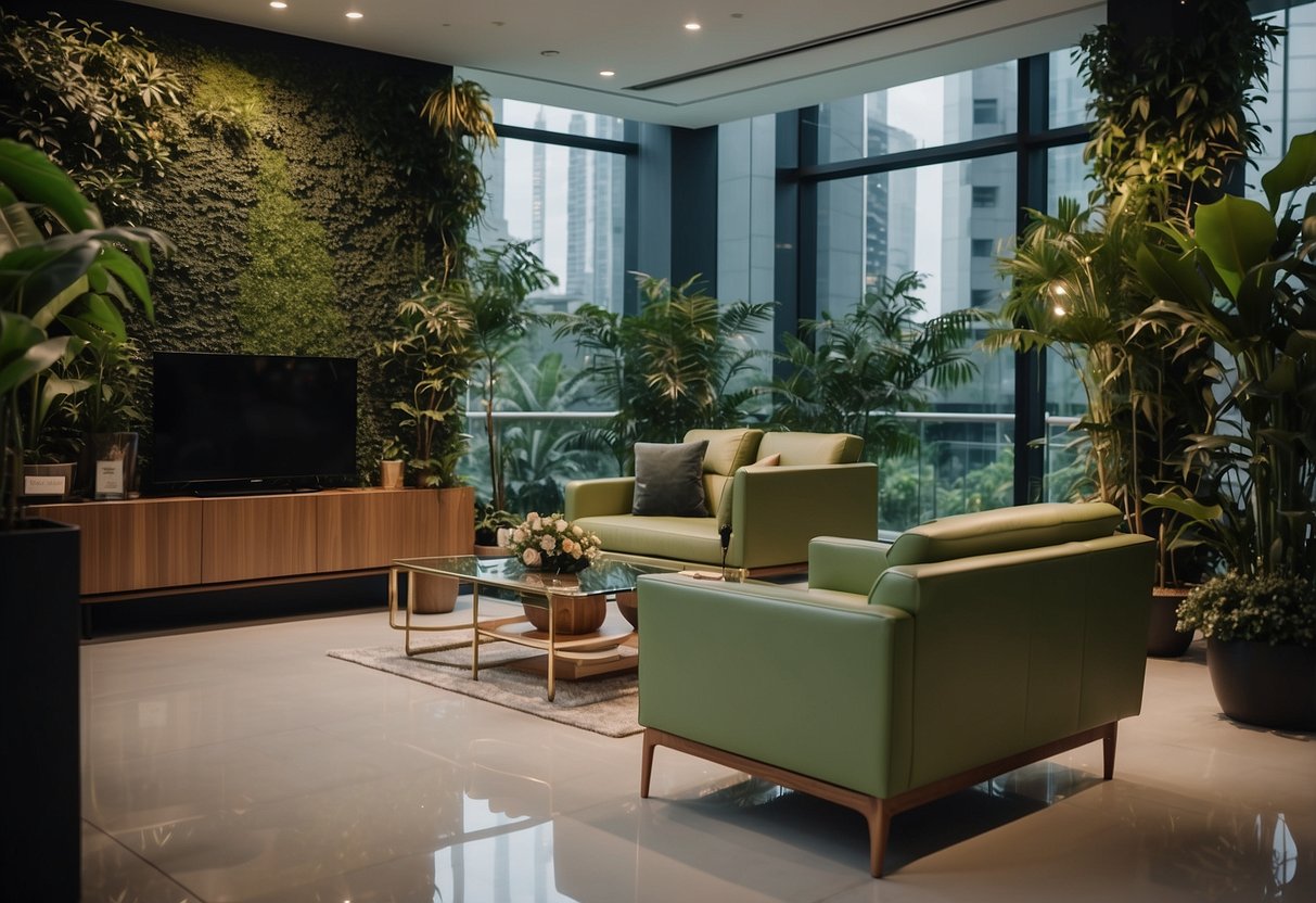 A showroom on Upper Paya Lebar Road in Singapore, filled with luxurious furniture and lush greenery