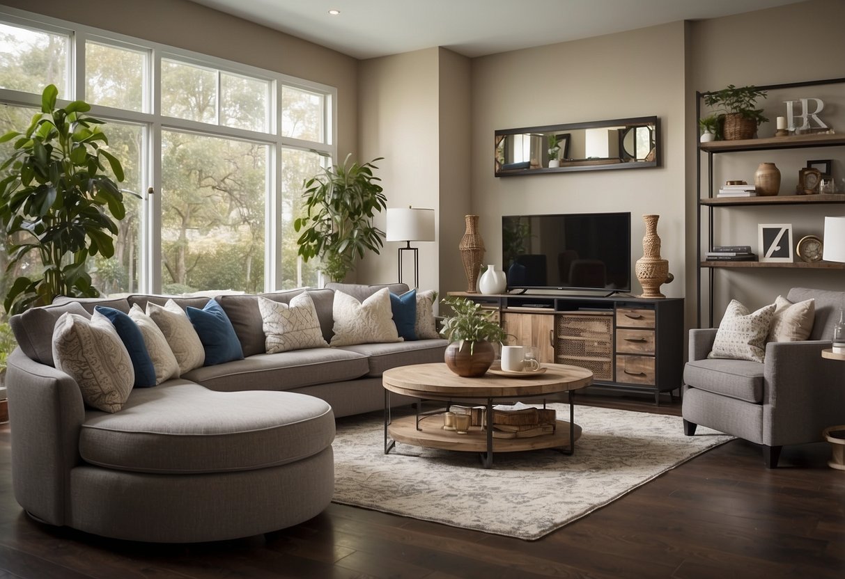 A living room with various furniture pieces on sale, such as sofas, coffee tables, and shelves. A sign with "Frequently Asked Questions" is displayed prominently