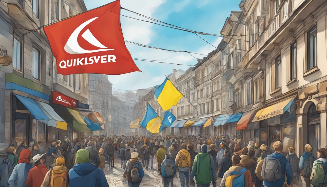 A Quiksilver flag flies high above a bustling street in Ukraine, symbolizing the brand's support for the country