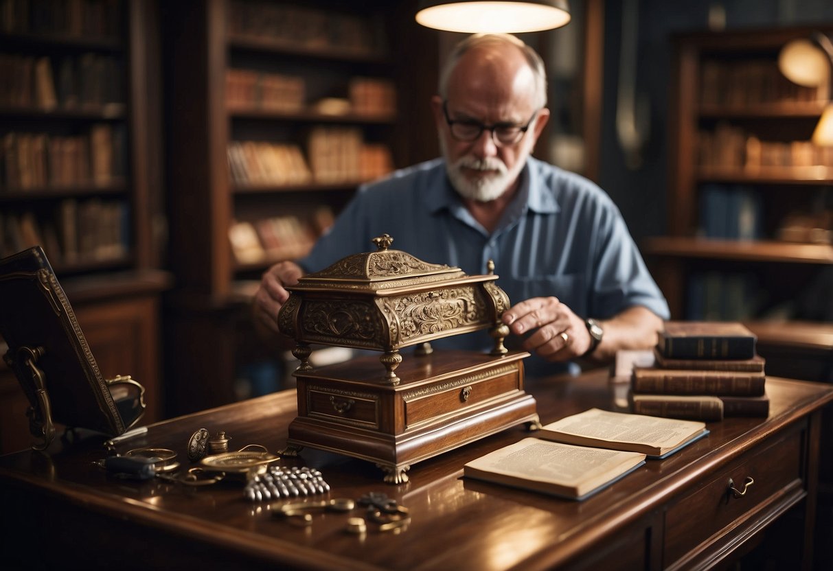 An antique furniture piece is being carefully examined by an appraiser, surrounded by reference books and tools