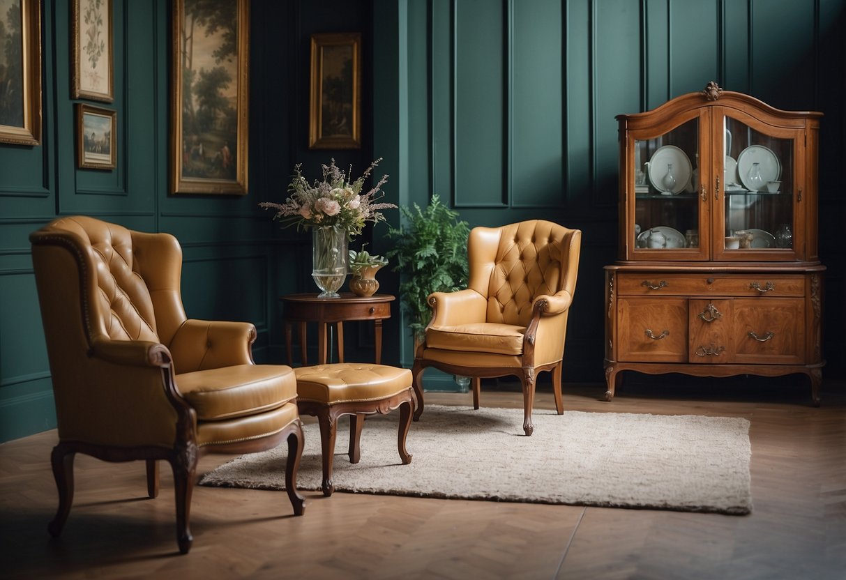A room with various antique furniture pieces, such as chairs, tables, and cabinets, arranged in an organized and well-lit space