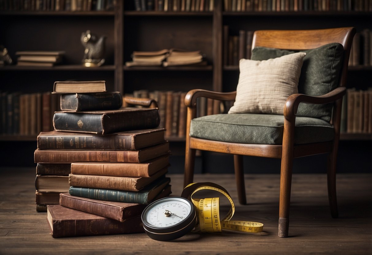 A vintage chair surrounded by a stack of old books and a worn-out tape measure, with a price tag and a magnifying glass nearby