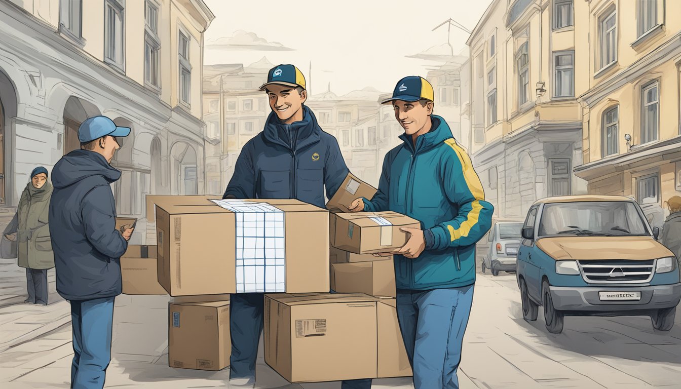 Quiksilver provides financial and material assistance to Ukraine. A package of supplies and a check are shown being delivered to a Ukrainian organization