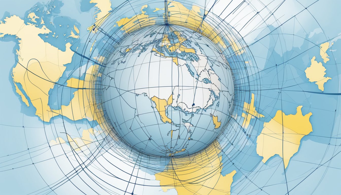 A globe with Ukraine highlighted, surrounded by a network of interconnected lines and arrows, representing the tracking and transparency of support from Quiksilver