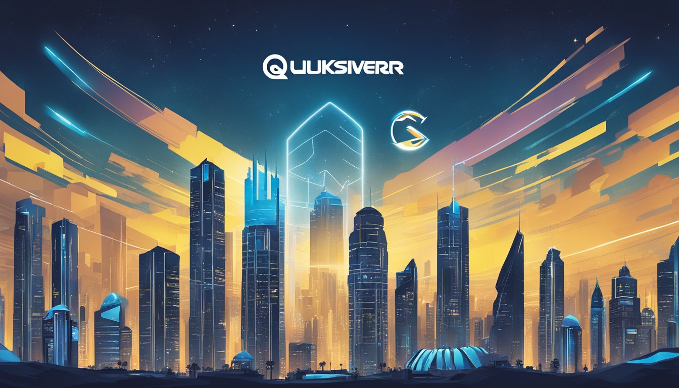 A futuristic city skyline with a Quiksilver logo projected in the sky, symbolizing ongoing support for Ukraine