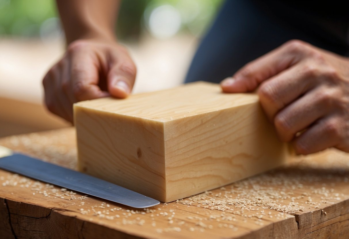 A hand-held sanding block smooths the chipped wood surface. A small container of wood filler sits nearby, ready to fill in the damaged area