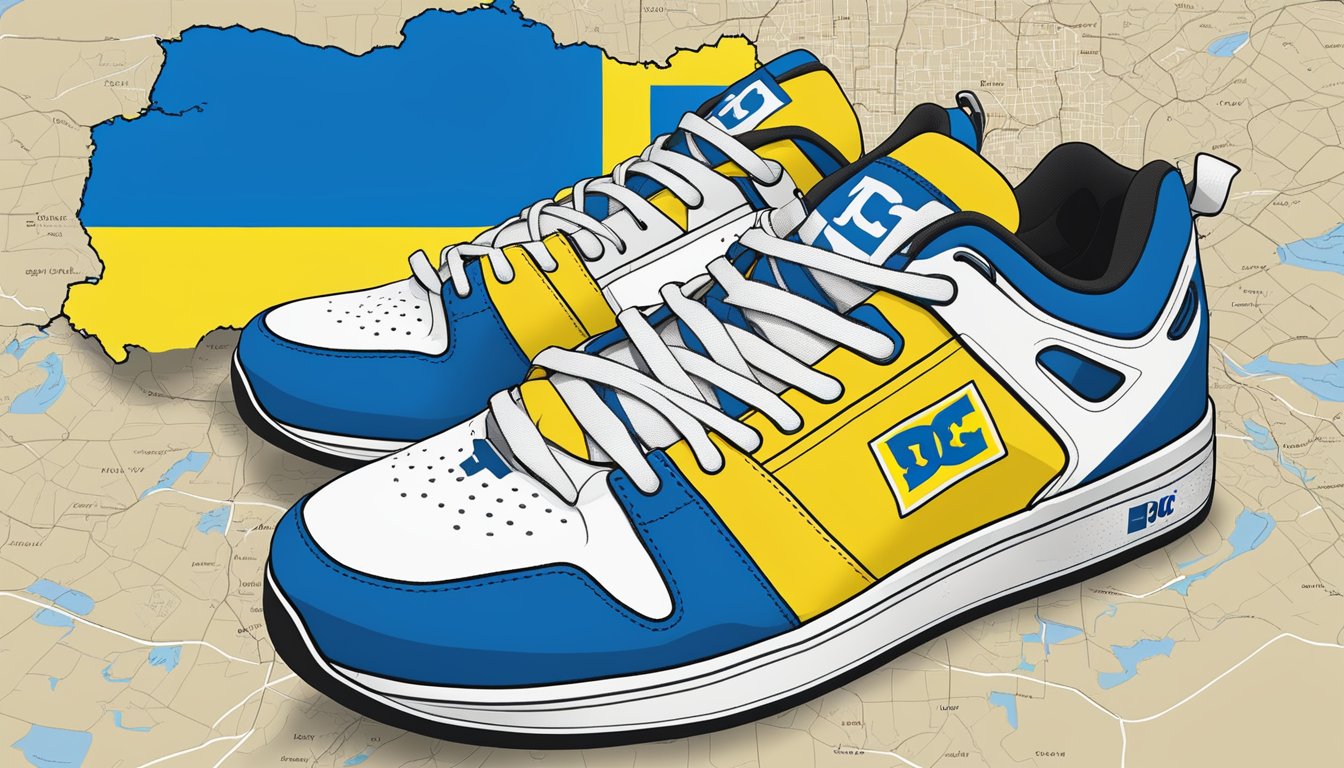 A pair of DC Shoes with the colors of the Ukrainian flag, placed on a map of Ukraine