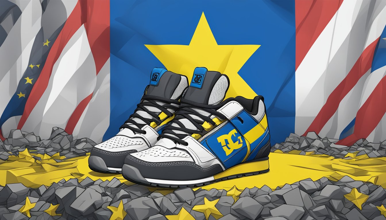 DC Shoes logo with Ukrainian flag in background, surrounded by tension and conflict symbols