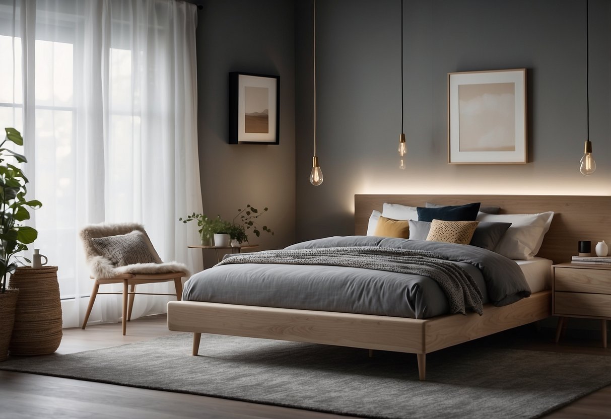 A cozy bedroom with a modern bed, sleek dresser, and stylish nightstands from IKEA. Soft lighting and a minimalist decor create a serene atmosphere