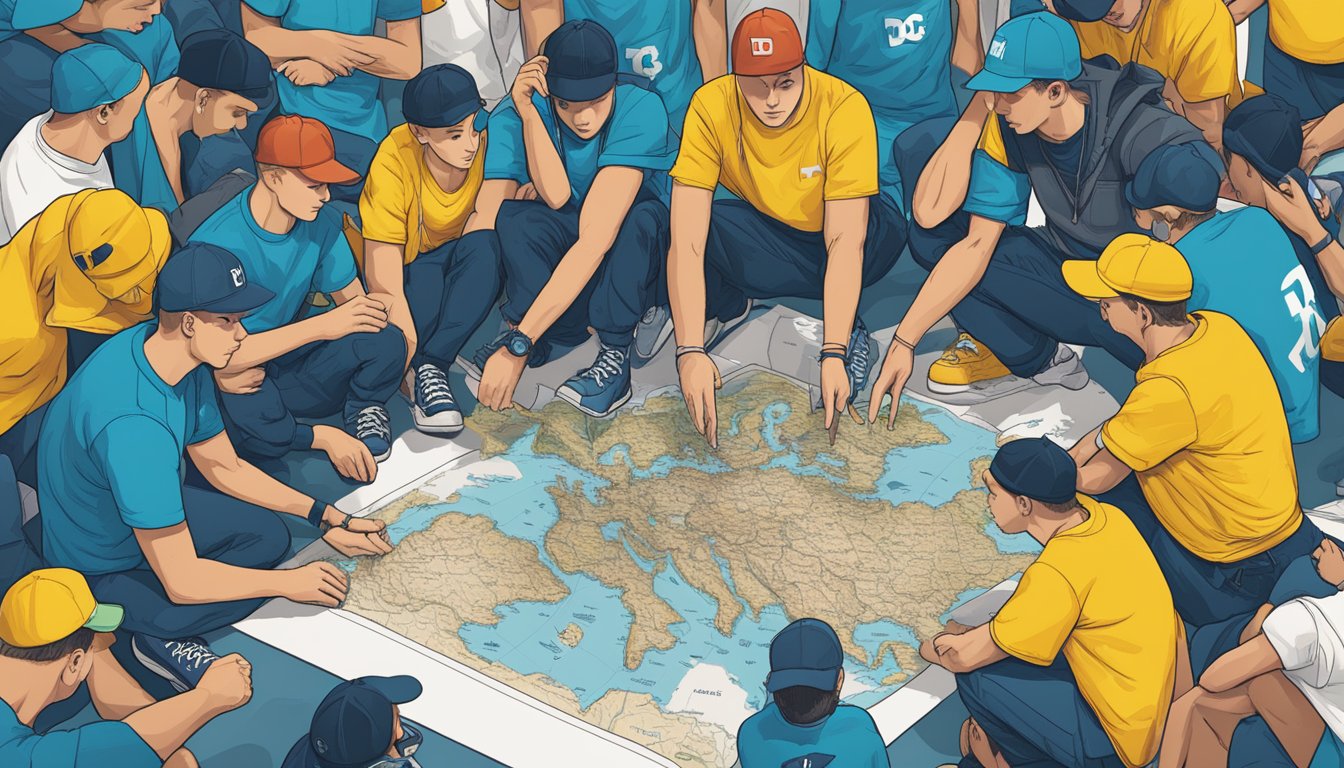 A group of people wearing DC Shoes gather around a map of Ukraine, showing support and solidarity. The brand's logo is prominently displayed, symbolizing their commitment to the country