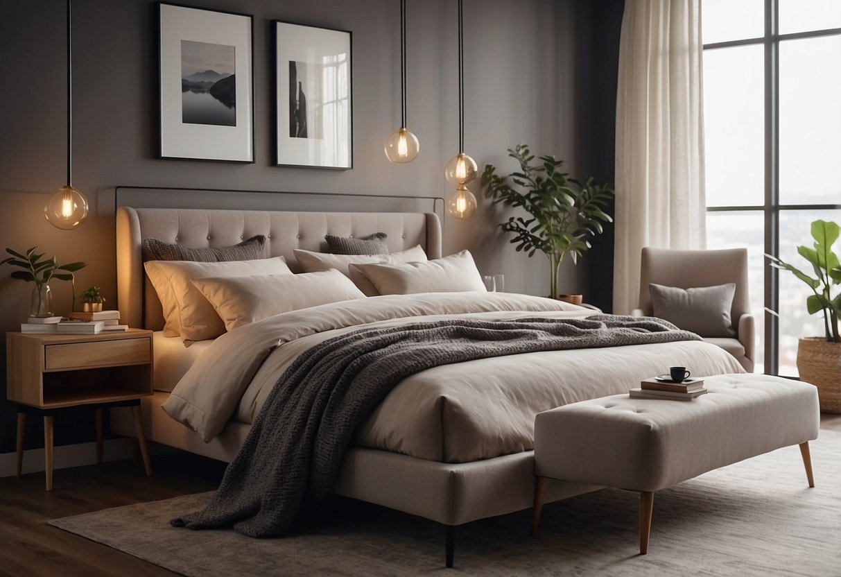 A cozy bedroom with modern furniture, soft lighting, and neutral colors. A comfortable bed with stylish linens, matching nightstands, and a sleek dresser complete the scene