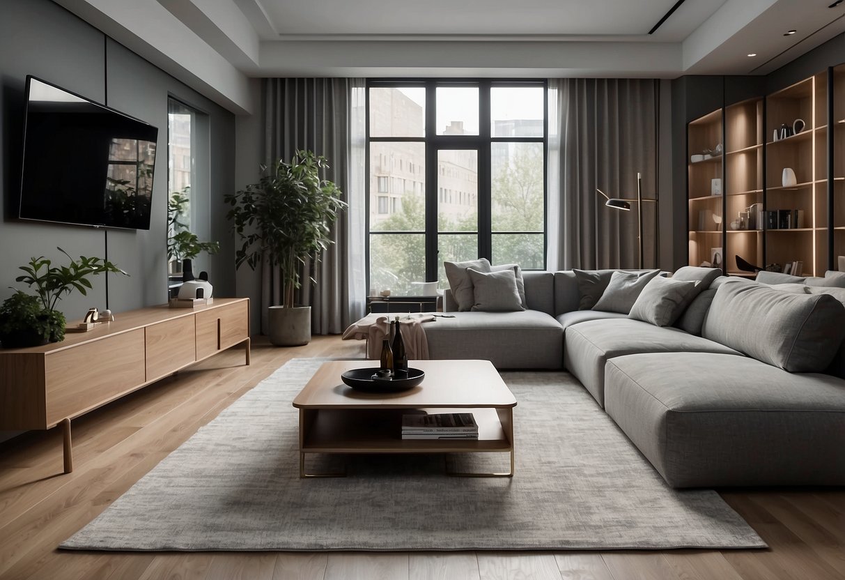 A spacious living room with sleek, modular furniture arranged in a modern, minimalist style. The furniture includes a modular sofa, coffee table, and entertainment center, creating a clean and functional space