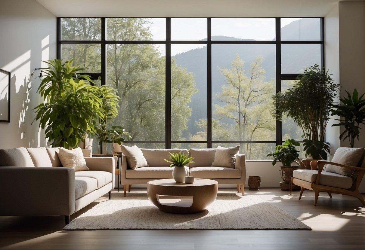 A modern living room with minimalist nemie furniture, clean lines, and neutral colors. A large window lets in natural light, and a potted plant adds a touch of greenery