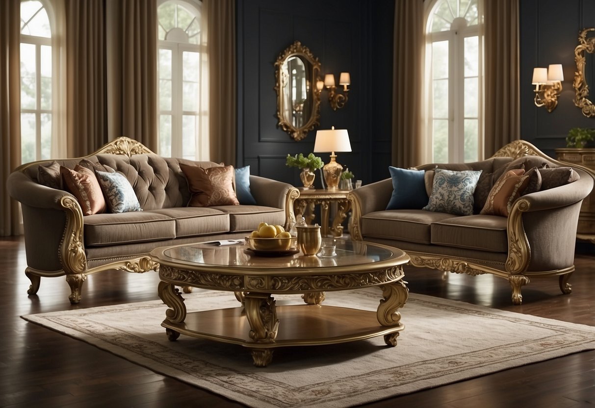 A grand furniture set fills the spacious home, with ornate details and luxurious fabrics. Rich colors and elegant designs create a sense of opulence and comfort