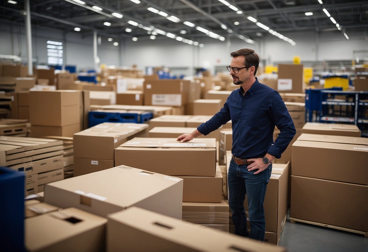 A customer examines IKEA bedroom furniture, comparing prices and features. Flat-packed boxes line the aisles, while staff assist other shoppers