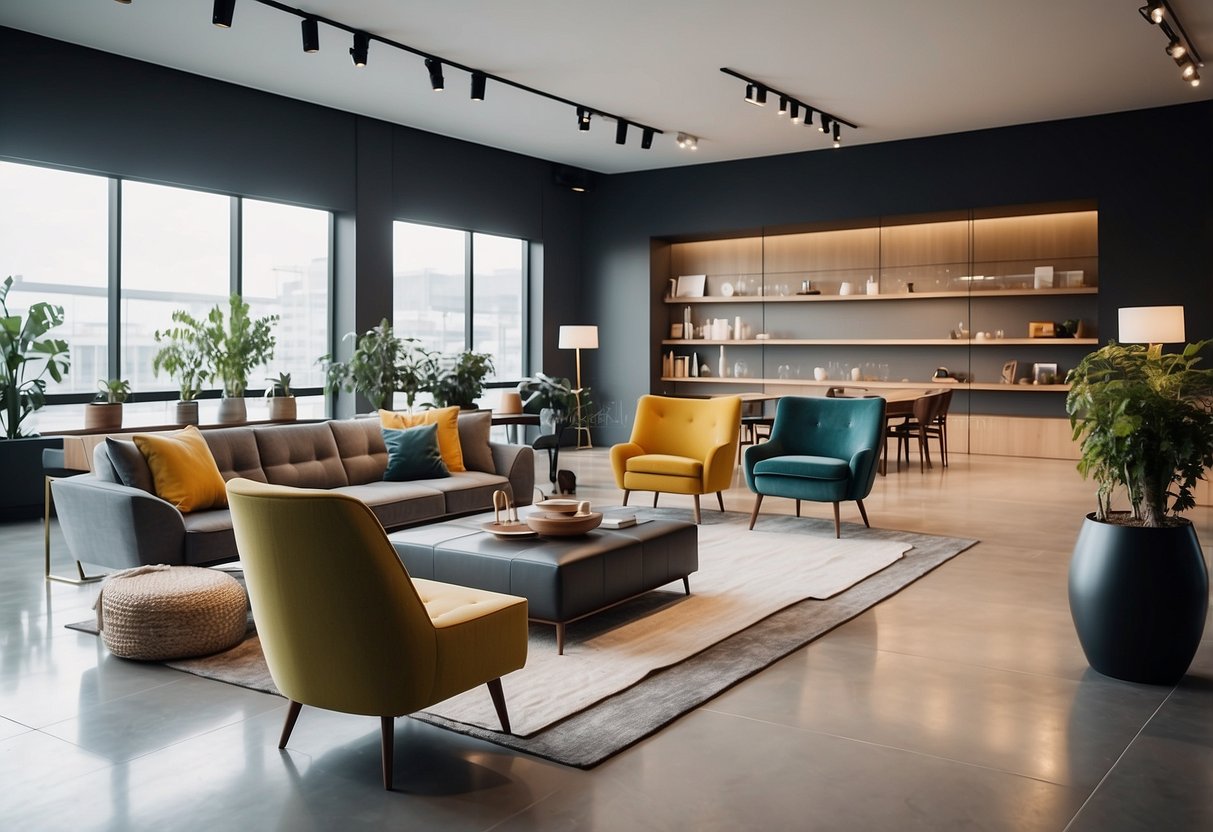 A spacious showroom with modern furniture displays and natural lighting. Clean lines, minimalist designs, and a variety of materials and colors