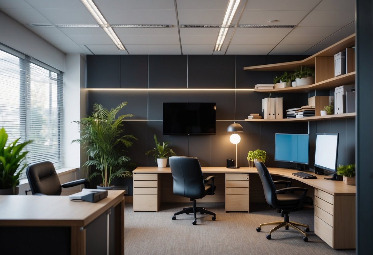 The office furniture is arranged neatly, with sleek desks, ergonomic chairs, and modern filing cabinets. The room is bathed in natural light, creating a warm and inviting atmosphere