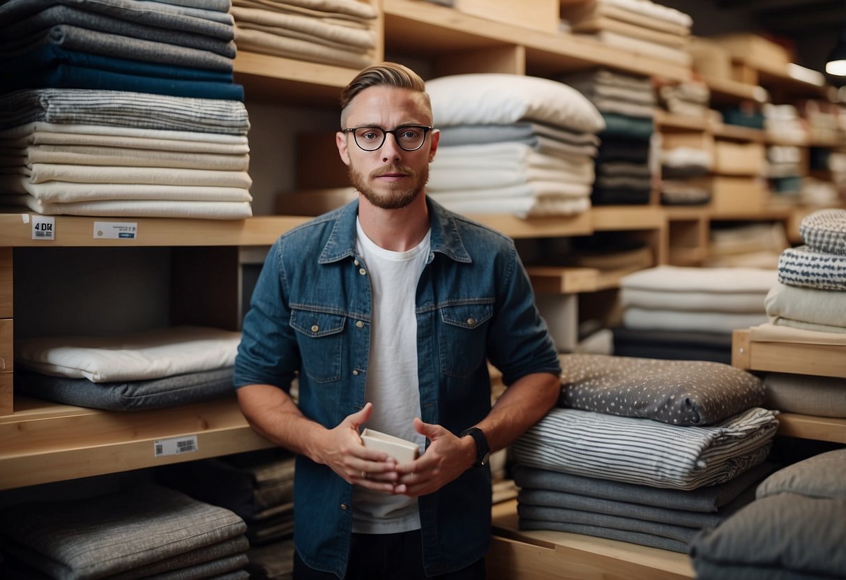A customer browsing through a stack of IKEA bedroom furniture reviews, with a puzzled expression on their face