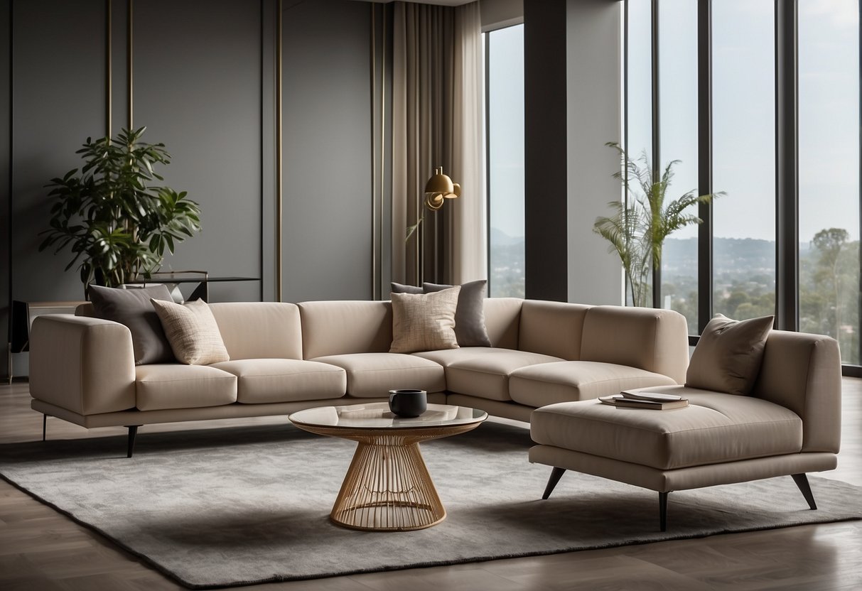 The Nemie furniture pieces are arranged in a modern living room, showcasing their sleek design and functionality. The coffee table, sofa, and chairs are positioned strategically, highlighting their practical features