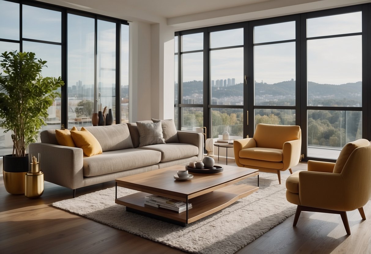 A modern living room with modular furniture arranged in a sleek and functional layout. The space is accessorized with stylish decor and accents, creating a comfortable and inviting atmosphere