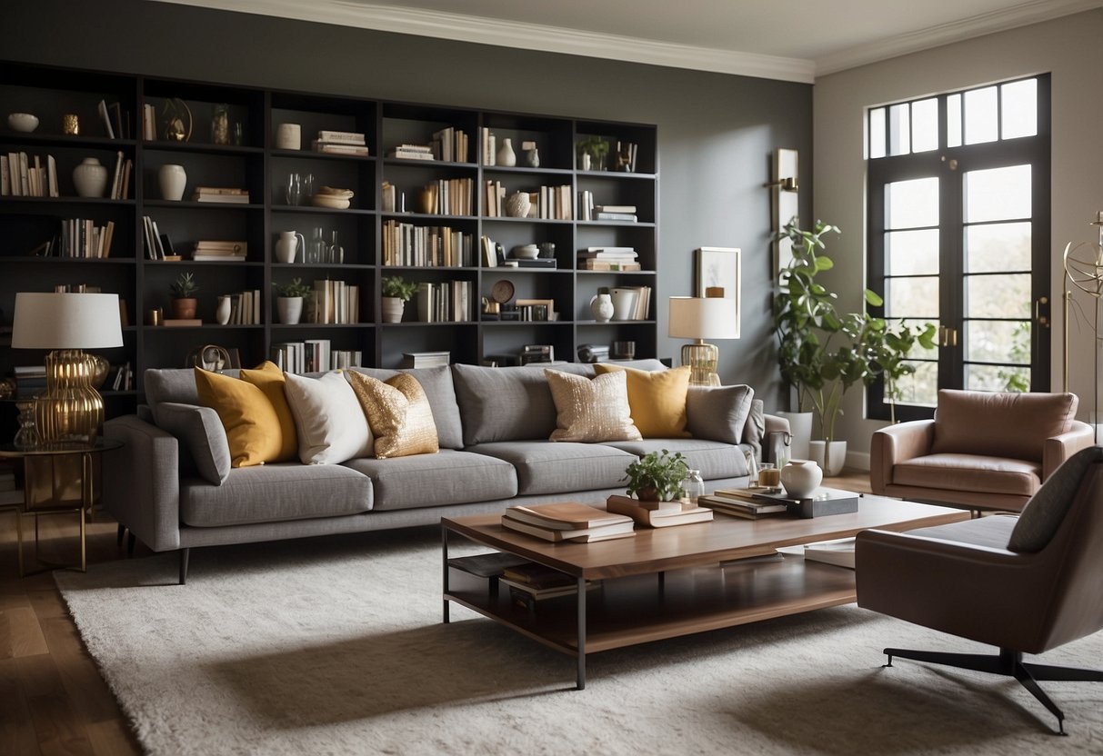 A cozy living room with a modern sofa, coffee table, and bookshelf. The furniture is sleek and stylish, creating a comfortable and inviting space