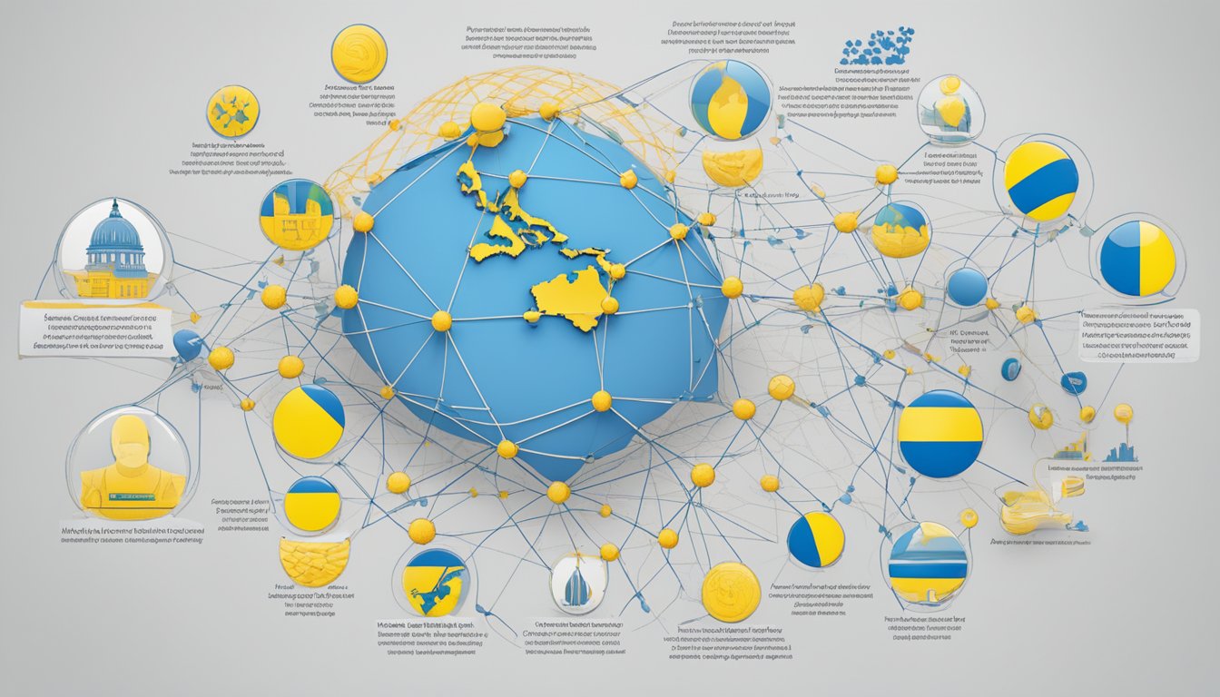 Hurley's support for Ukraine is depicted through a network of support mechanisms, symbolizing solidarity and aid