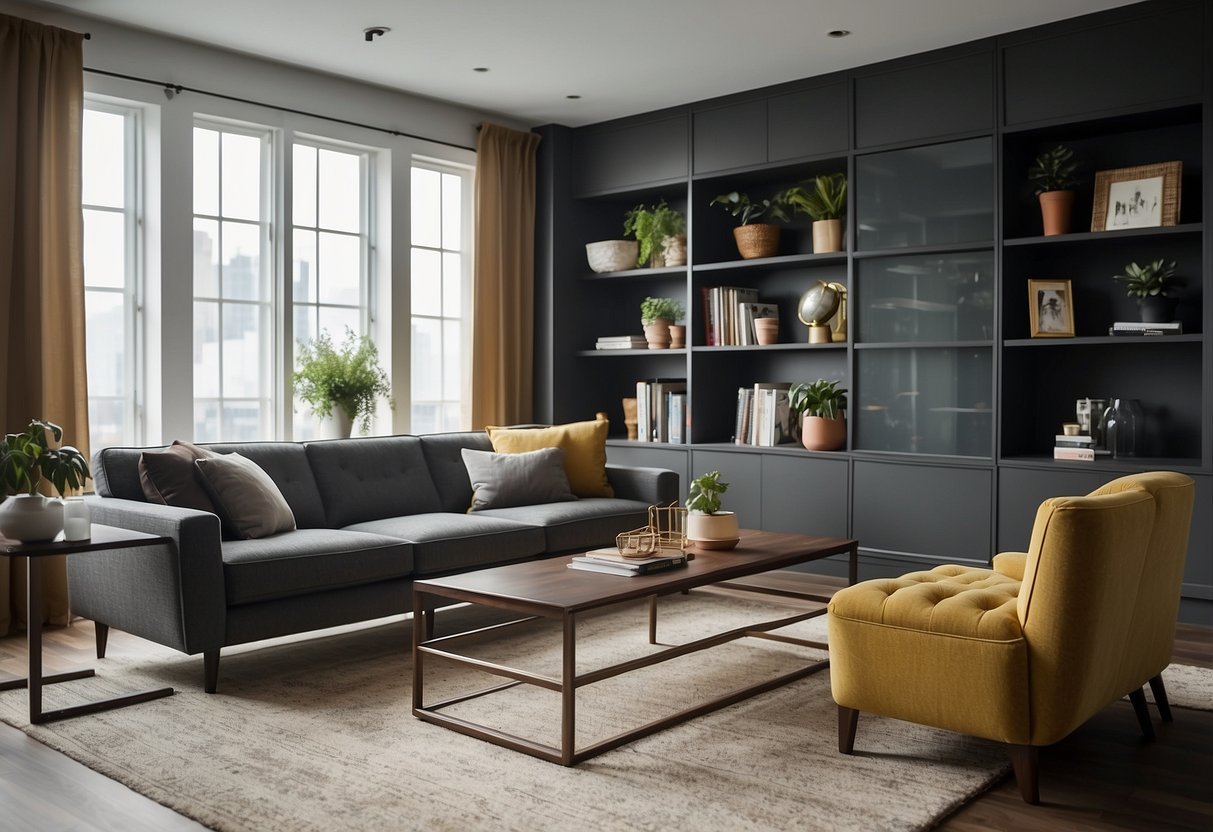 A room with modern furniture, including a sleek sofa, coffee table, and bookshelf. A sign with "Frequently Asked Questions" is visible