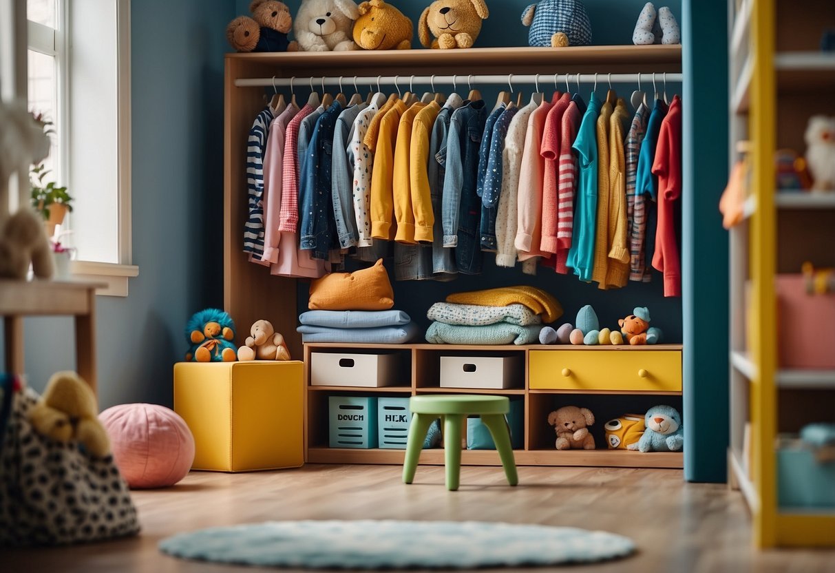 A colorful children's wardrobe filled with toys and clothes, with a small chair and a bookshelf nearby