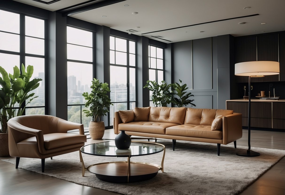 A sleek leather sofa, glass coffee table, and minimalist armchair are displayed in a well-lit showroom, with clean lines and neutral colors