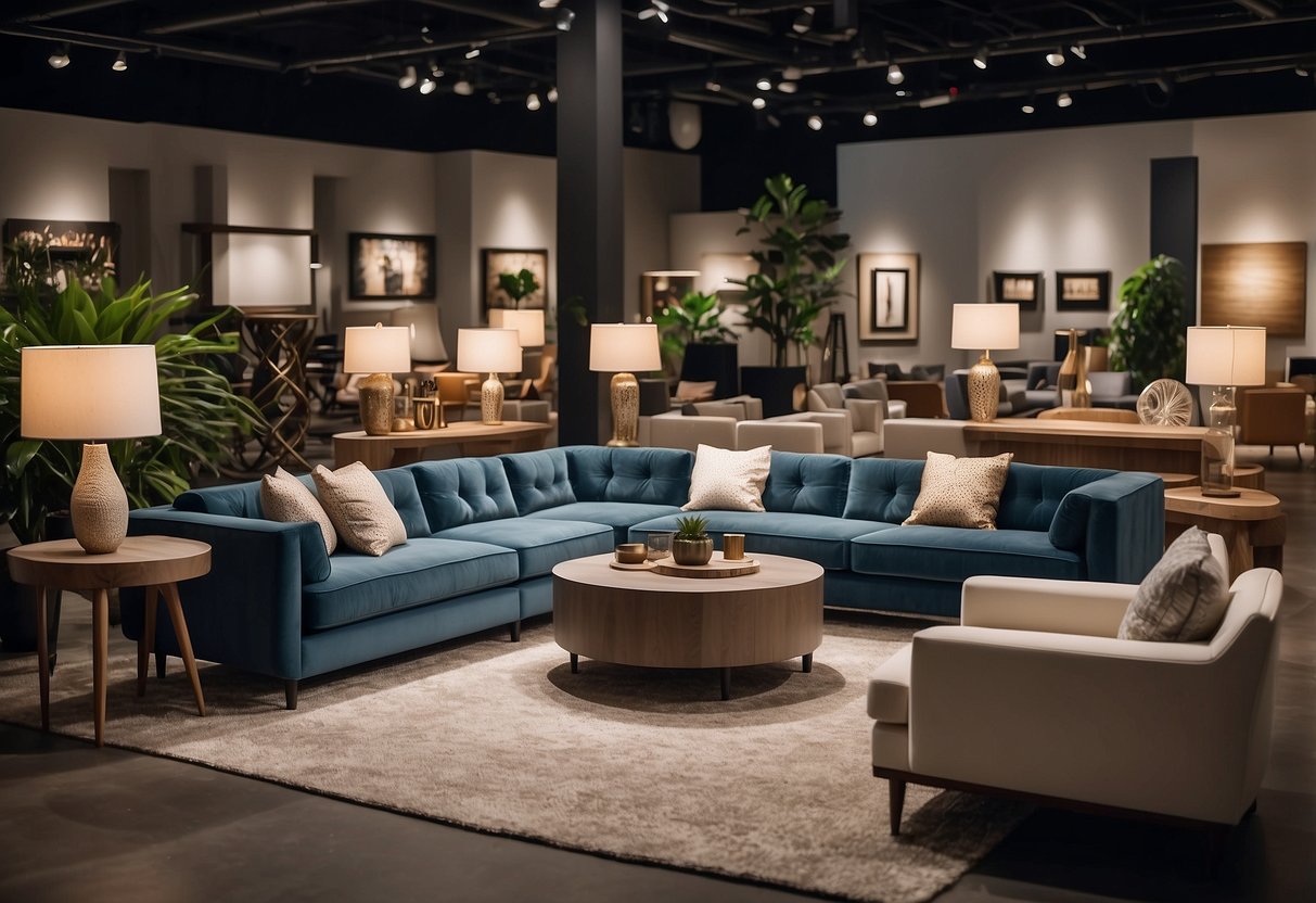 A spacious showroom displays modern and traditional furniture pieces. Bright lighting highlights the variety of sofas, tables, and decor