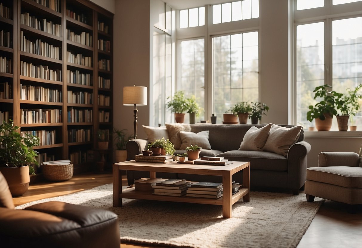 A cozy living room with a plush sofa, a coffee table, and a soft rug. A bookshelf filled with books, and a large window with sunlight streaming in