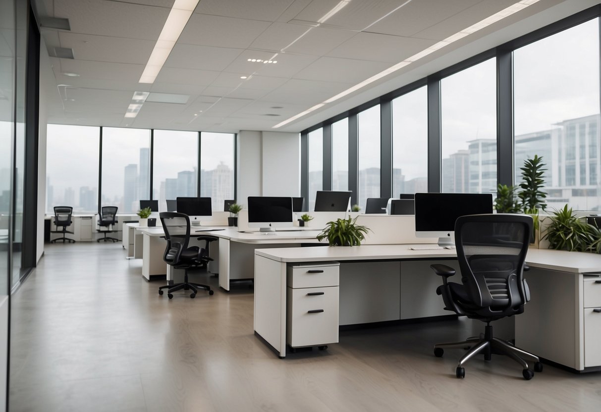 A modern office space with sleek, minimalist furniture. Clean lines, neutral colors, and ergonomic designs create a contemporary and professional atmosphere