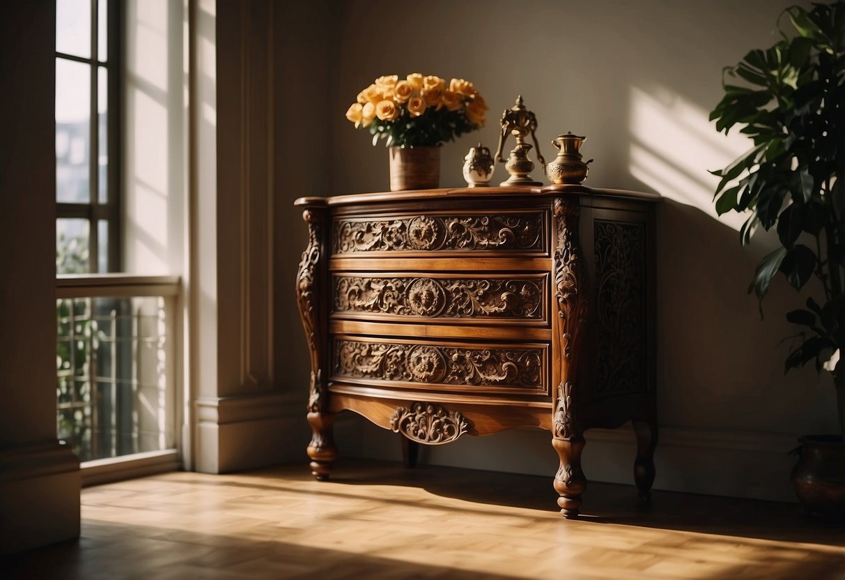 A commode stands against a wall, its ornate carvings and brass handles catching the light. The rich wood gleams, and the drawers are slightly ajar, hinting at the hidden treasures within
