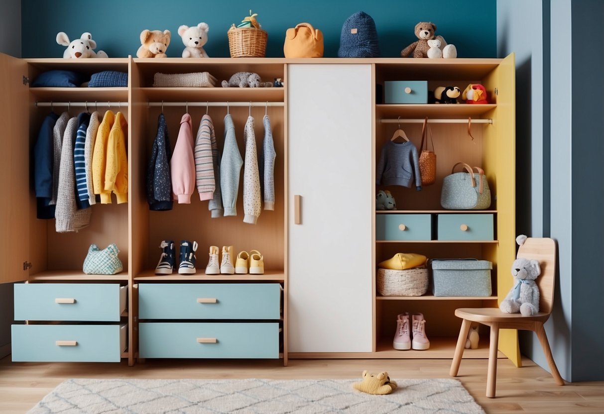 A spacious children's wardrobe with adjustable shelves, drawers, and a hanging rail. Bright colors and fun patterns add a playful touch