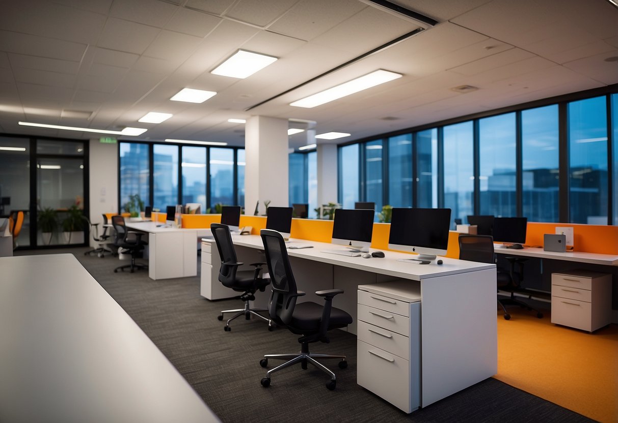 Sleek desks, ergonomic chairs, and modern storage units fill the open office space, accented by vibrant pops of color and innovative design elements