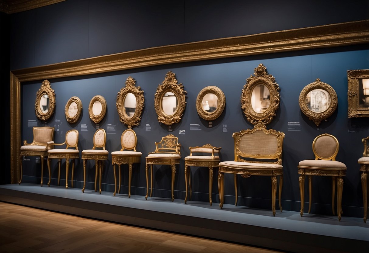 A timeline of commodes, from ornate Louis XV style to sleek modern designs, displayed in a museum setting with a spotlight highlighting each era
