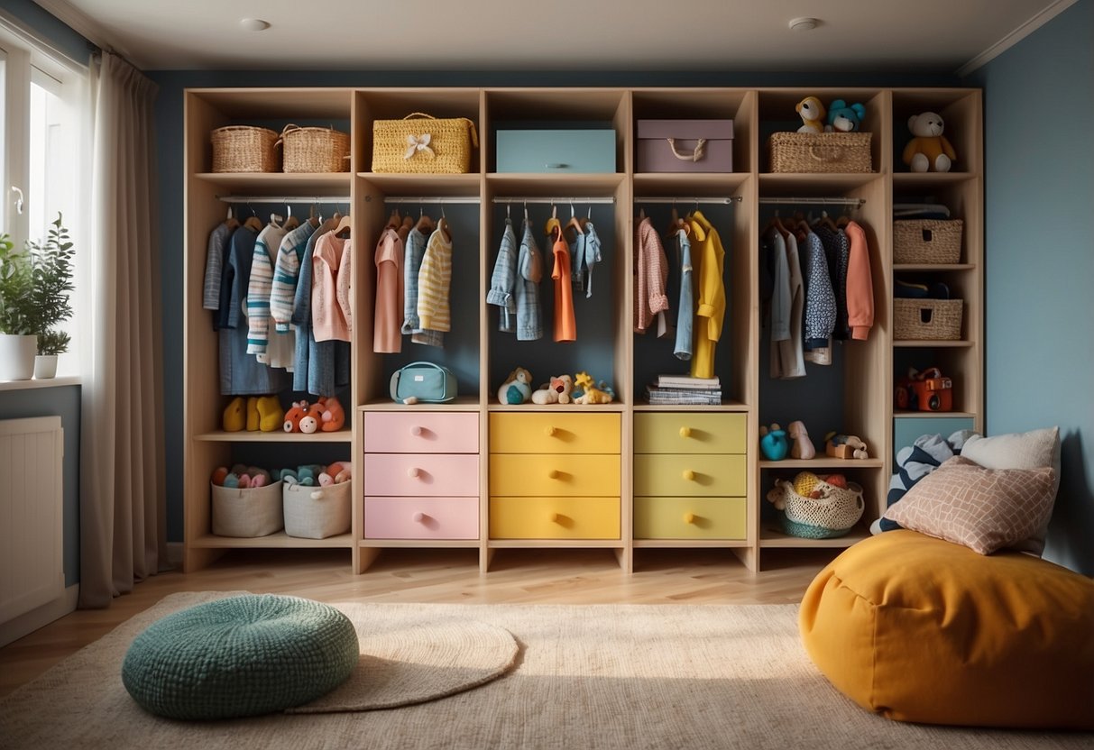 A colorful children's wardrobe with multiple shelves and drawers, neatly organized with clothes, toys, and books