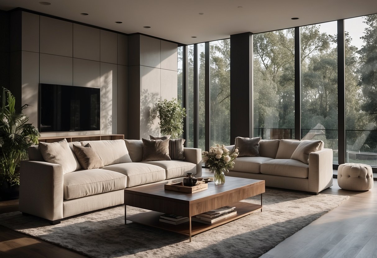 A spacious living room with luxurious furniture and elegant decor, featuring large windows that let in plenty of natural light