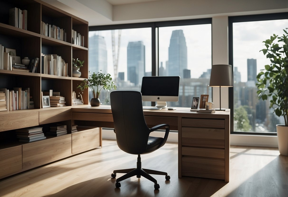 A modern desk with sleek lines and a comfortable chair. Shelves filled with books and decorative items. A large window allowing natural light to fill the space