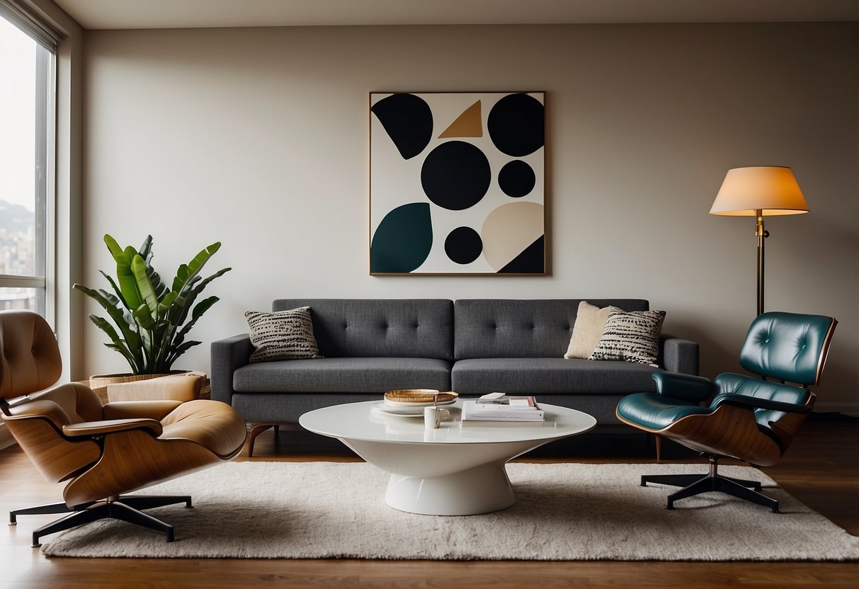 A sleek, mid-century modern sofa sits next to a minimalist coffee table, surrounded by iconic Eames chairs and a geometric bookshelf