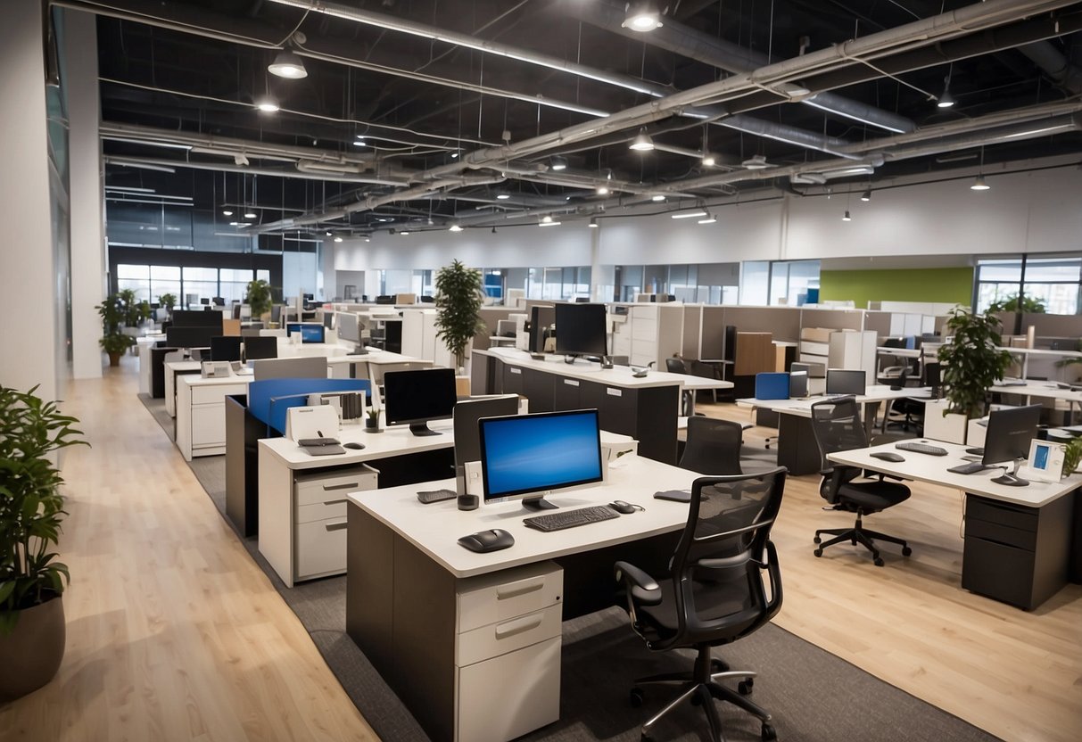 A busy office furniture showroom with modern designs and ergonomic features. Various desks, chairs, and storage units are displayed, with people browsing and discussing the latest market insights and industry dynamics