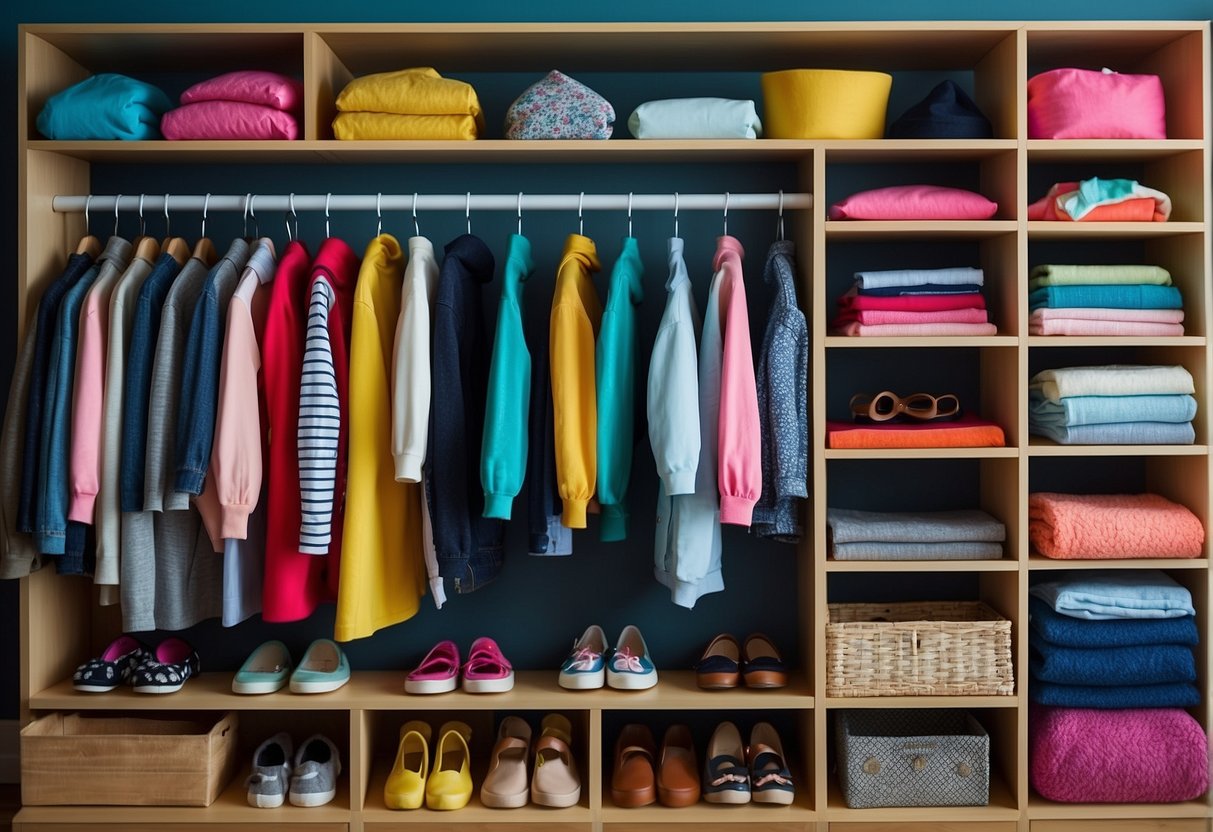A colorful and organized children's wardrobe filled with various clothing items neatly arranged on shelves and hangers